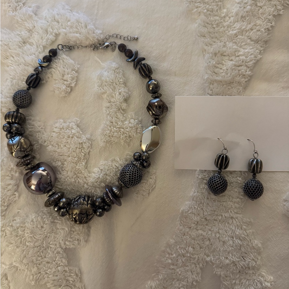 Silver Beaded Necklace and Earrings Set